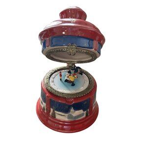 Mr. Christmas Porcelain Music Box With Ice Skaters Red & Blue Winter Scene Desig